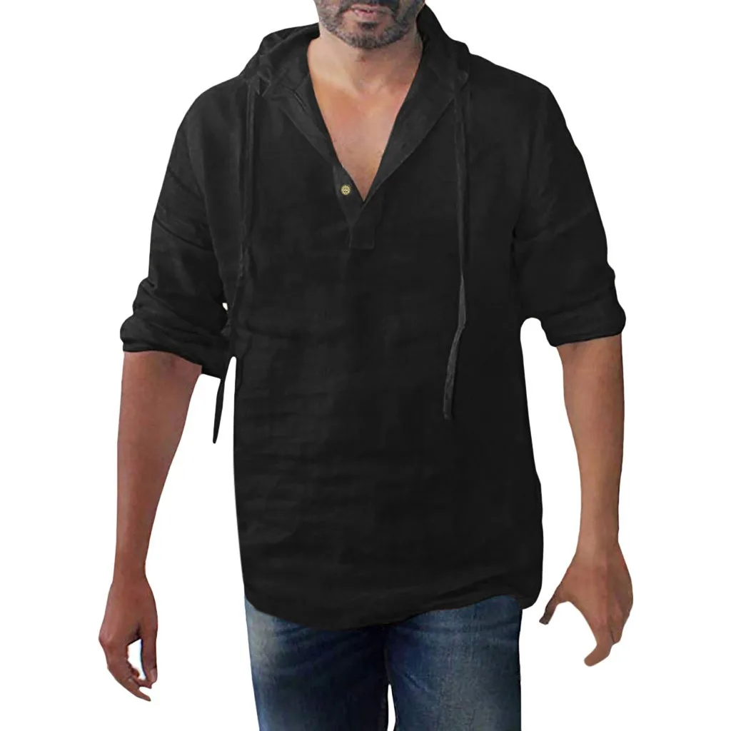 Plus Size Men's Tee Shirt Solid Tops Pullover V Neck Lace-up Loose Top Summer Holiday Beach Casual Half Sleeve Tops Linen Top - Image 2