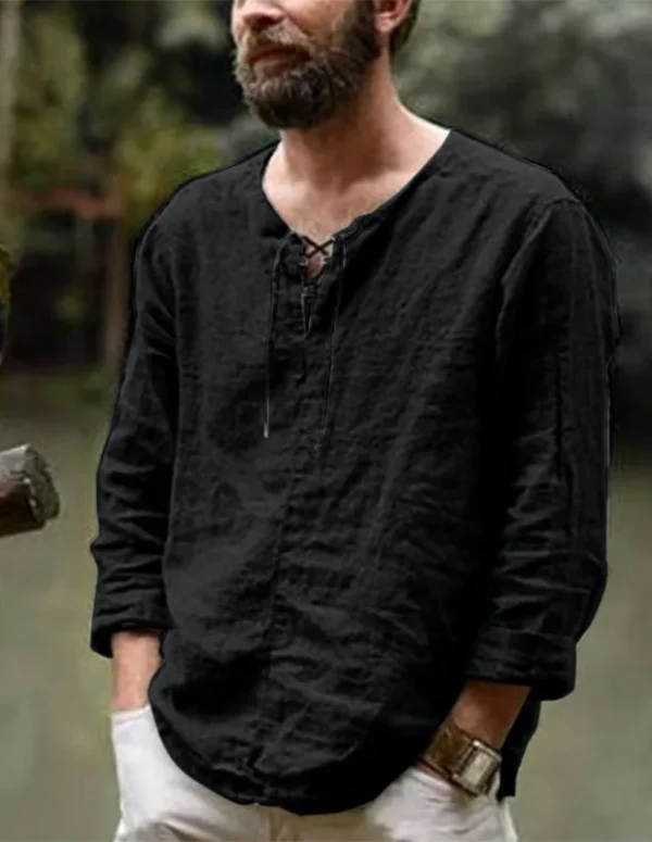 Plus Size Men's Tee Shirt Solid Tops Pullover V Neck Lace-up Loose Top Summer Holiday Beach Casual Half Sleeve Tops Linen Top