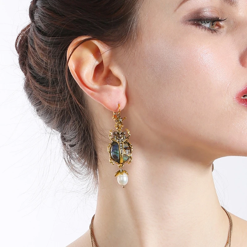 Natural Abalone Shell Earrings Freshwater Pearl Beetle Drop Earrings For Women - Image 3