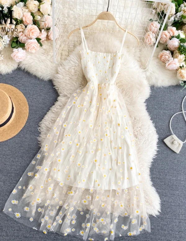 YuooMuoo Korean Fashion Daisy Flower Print Mesh Party Dress Summer Two Layers Spaghetti Strap Vacation Midi Dress Beach Vestidos