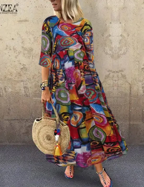 2025 Autumn Summer ZANZEA Pleated Dress Women Vintage Vestidos Robe Printed Long Maxi Dresses  Femme 3/4 Sleeve Tunic