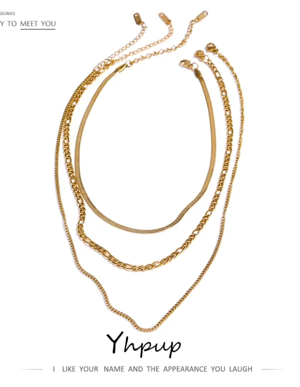 Yhpup Stainless Steel Chain Layered Necklace Separated Set for Women Statement Golden Metalic Waterproof Collar Necklace Jewelry