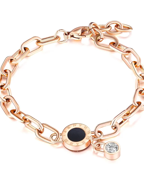 Rose Gold Color Roman Number CZ Bracelet for Woman Girl Adjustable Lobster Wristband Stainless Steel Chain Link Jewelry Gifts
