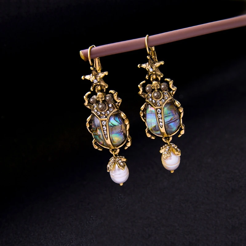 Natural Abalone Shell Earrings Freshwater Pearl Beetle Drop Earrings For Women - Image 4