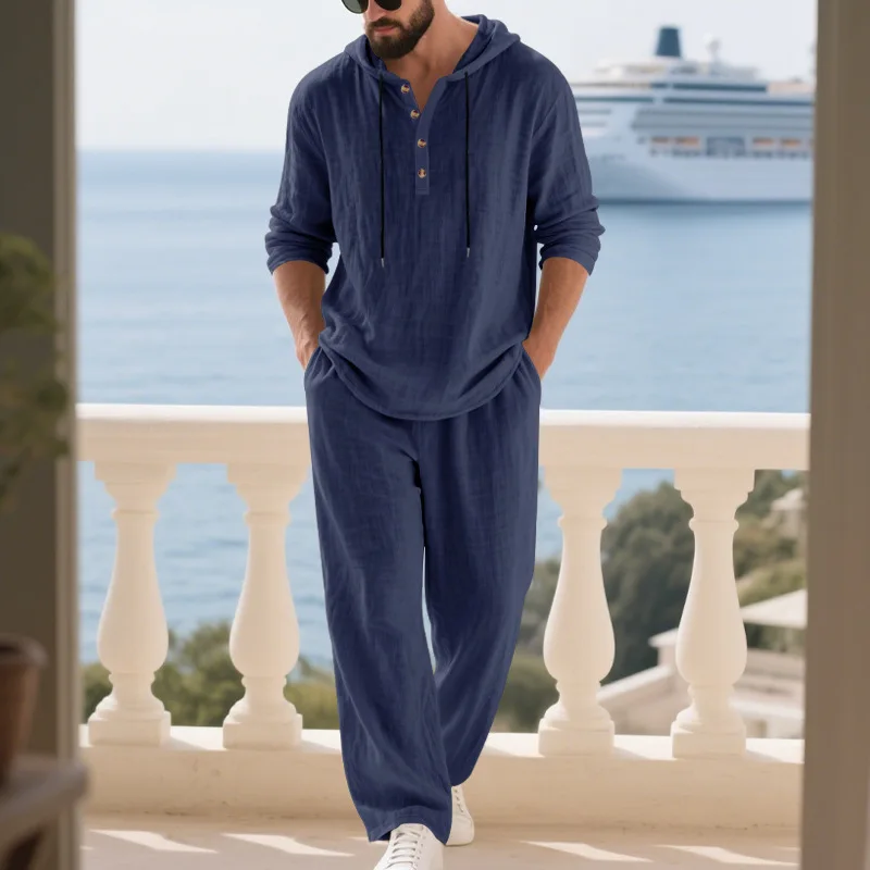 Men's Linen Casual Set 2 Pieces Spring Summer Loose Fit Hooded Henley Shirt & Pants Set Breathable Outdoor Vacation Style - Image 2