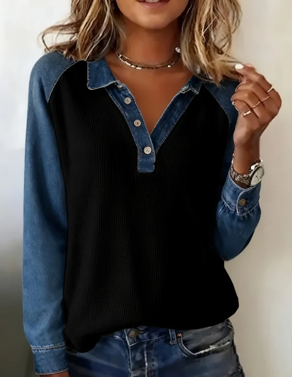Denim Knitted Patchwork Blouse Top for Women's Turn Down Collar Long Sleeve Casual Vintage Spring Autumn Plus Size Blouse Shirt