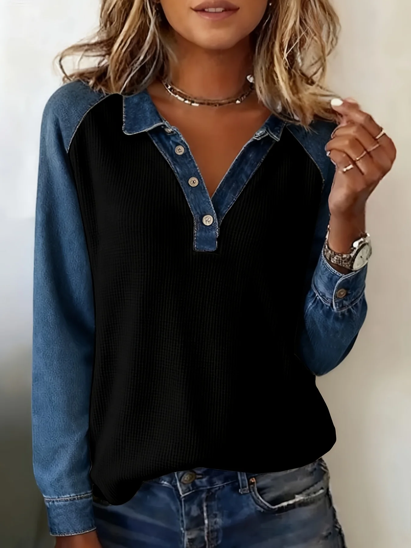 Denim Knitted Patchwork Blouse Top for Women's Turn Down Collar Long Sleeve Casual Vintage Spring Autumn Plus Size Blouse Shirt