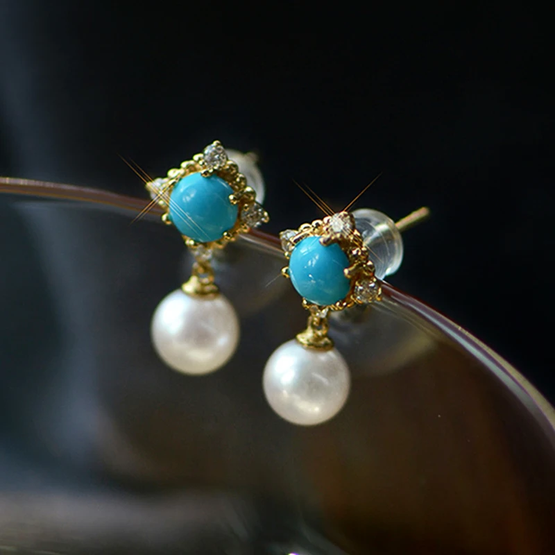 Huitan Bohemia Blue Stone Dangle Earrings with Imitation Pearl Chic Accessories for Women Daily Wear Vocation Sea Female Jewelry - Image 5