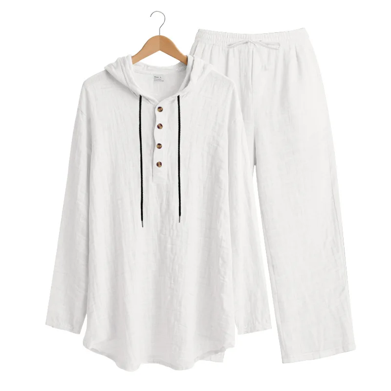 Men's Linen Casual Set 2 Pieces Spring Summer Loose Fit Hooded Henley Shirt & Pants Set Breathable Outdoor Vacation Style - Image 17