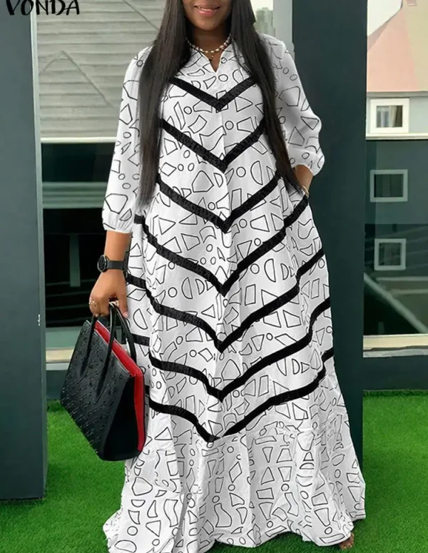 VONDA Plus Size Ruffled Women Bohemian Vestidos Autumn Long Maxi Robe Print Party Elegant 3/4 Sleeve Casual Loose Dress 5XL