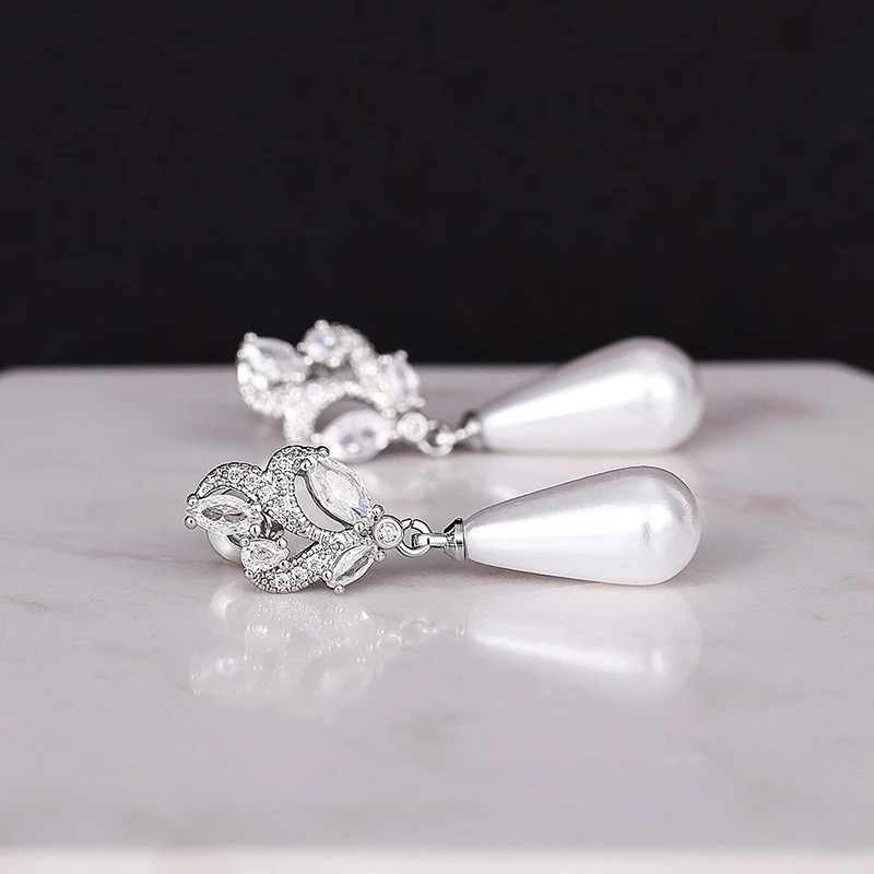Huitan Aesthetic Imitation Pearl Dangle Earrings for Women Brilliant Cubic Zircon Luxury Female Wedding Earrings Fashion Jewelry - Image 5