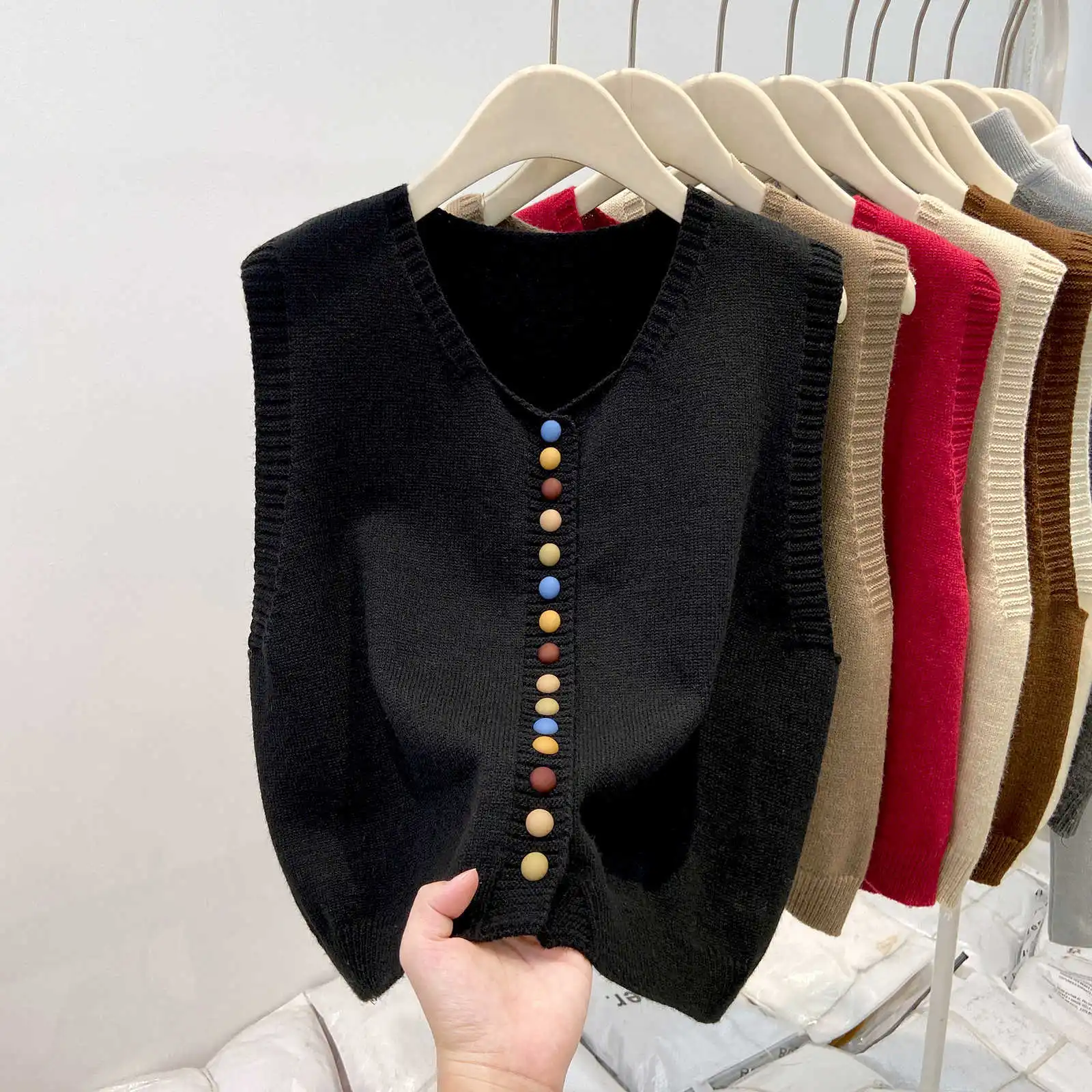 Fashion Colorful Button Knit Sweater Vest Women Spring Autumn New Casual Layering Sweater Woman Retro Gray Sleeveless Vest Top - Image 19