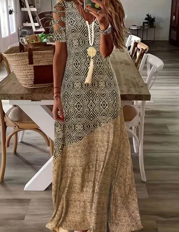 Plus size European and American cross-border summer new hot sale v-neck cut-out bohemian fashion printed dress long skirt