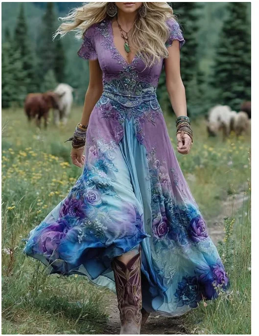 Sexy Retro Ethnic V Neck Long Dress Woman Elegant Boho Print A-Line Spliced Maxi Dress Summer Short Sleeve Holiday Evening Dress - Image 14