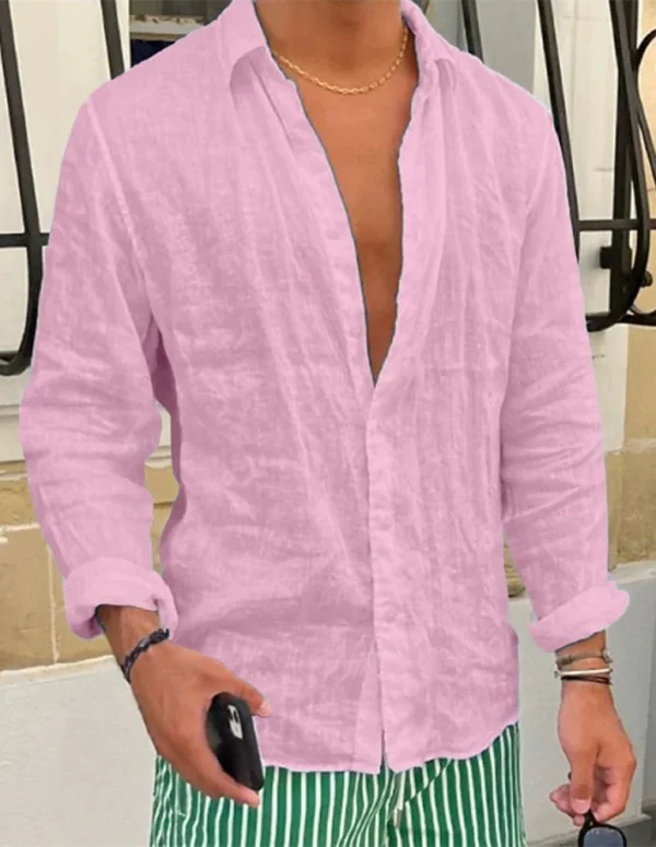 Spring Autumn Men's Cotton Linen Shirt Long Sleeve Casual Solid Color Slim Fit Lapel Simple Style Male Breathable Button Tops