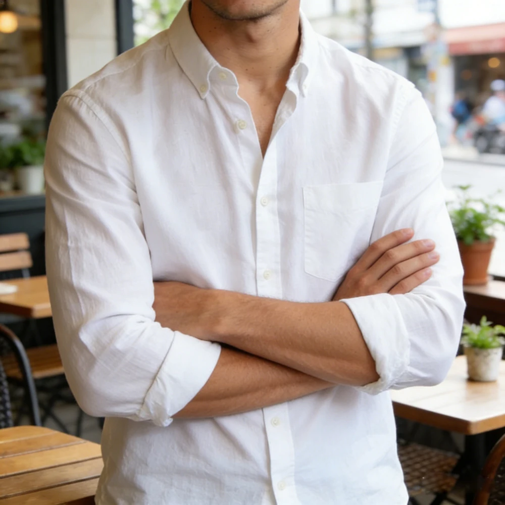 2026 Men's New Linen Long Sleeve Shirt Solid Color 3D Printed White Shirt Hawaiian Fishing Long Sleeve Soft Men's Fast Shipping