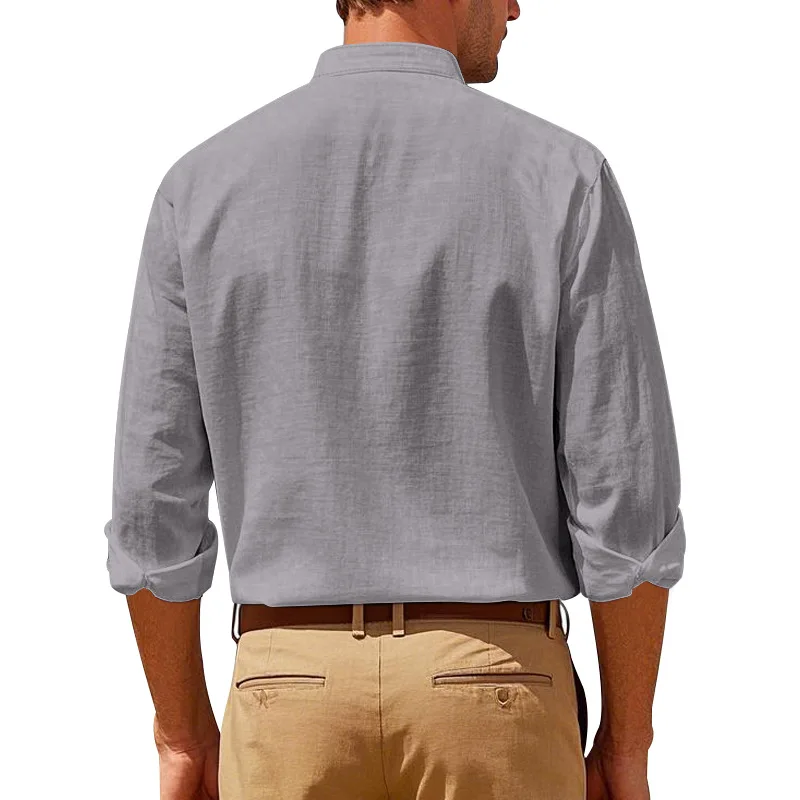 Men's Linen Mandarin Collar Shirt - Breathable Wrinkle-Free New Chinese Style with Pocket (Beige/Black/White, S-XXXL) Wholesale - Image 24