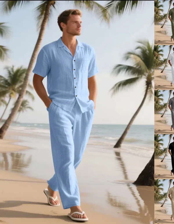 Summer men's new linen casual comfortable loose breathable luxury minimalist beach short-sleeved long pants set