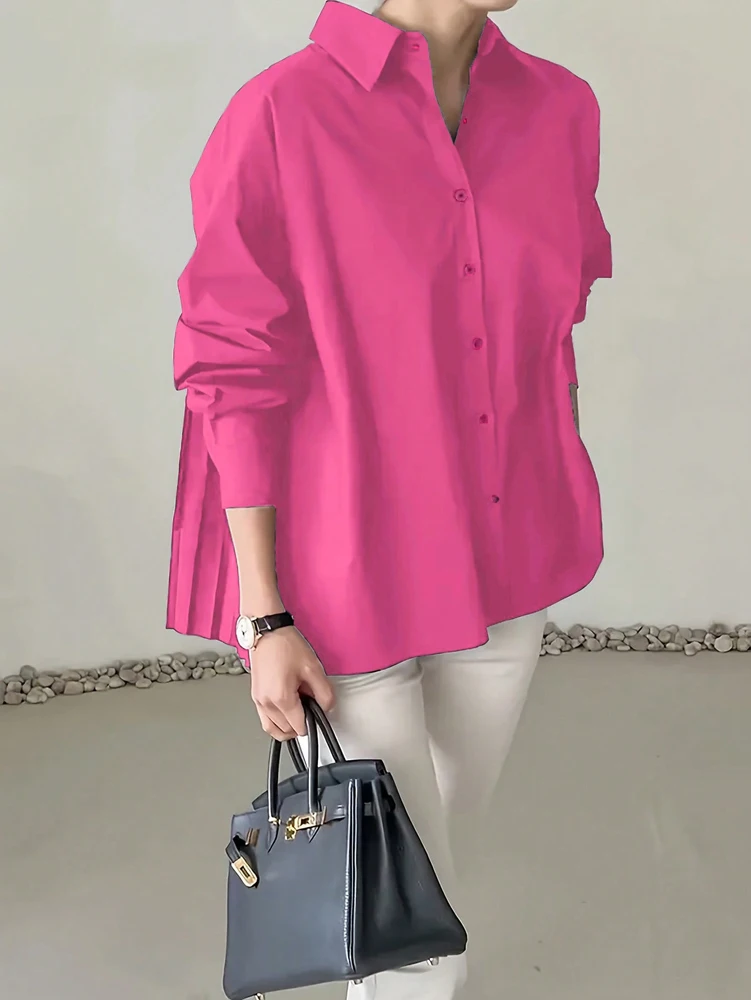 Plus Size 2025 Spring and Summer New Women's POLO Collar Pleated Casual Single Row Button Shirt Blouse Solid Color - Image 2