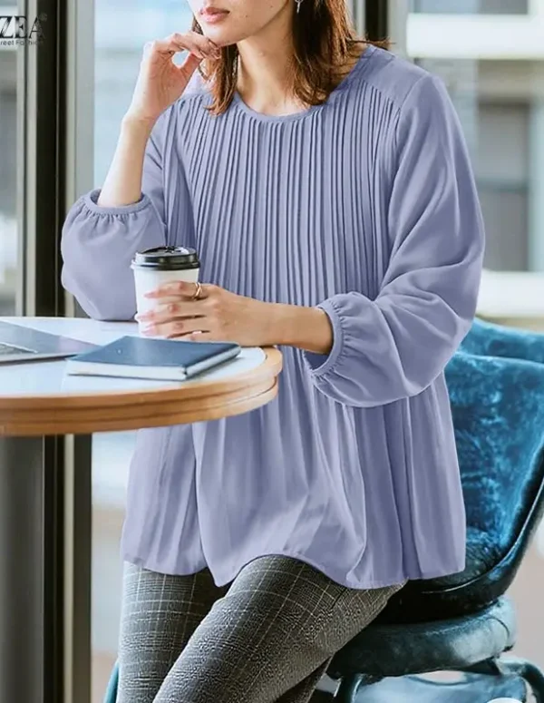 ZANZEA Elegant Office Lady Blouse 2026 Fashion Women Long Lantern Sleeve Casual Shirts Oversized Tops O-Neck Loose Streetwear