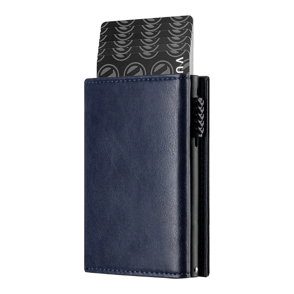Men Card Holder with Money Pocket PU Leather Pop Up Minimalist Wallet RFID Blocking Slim Metal Bank Card Case - Image 7