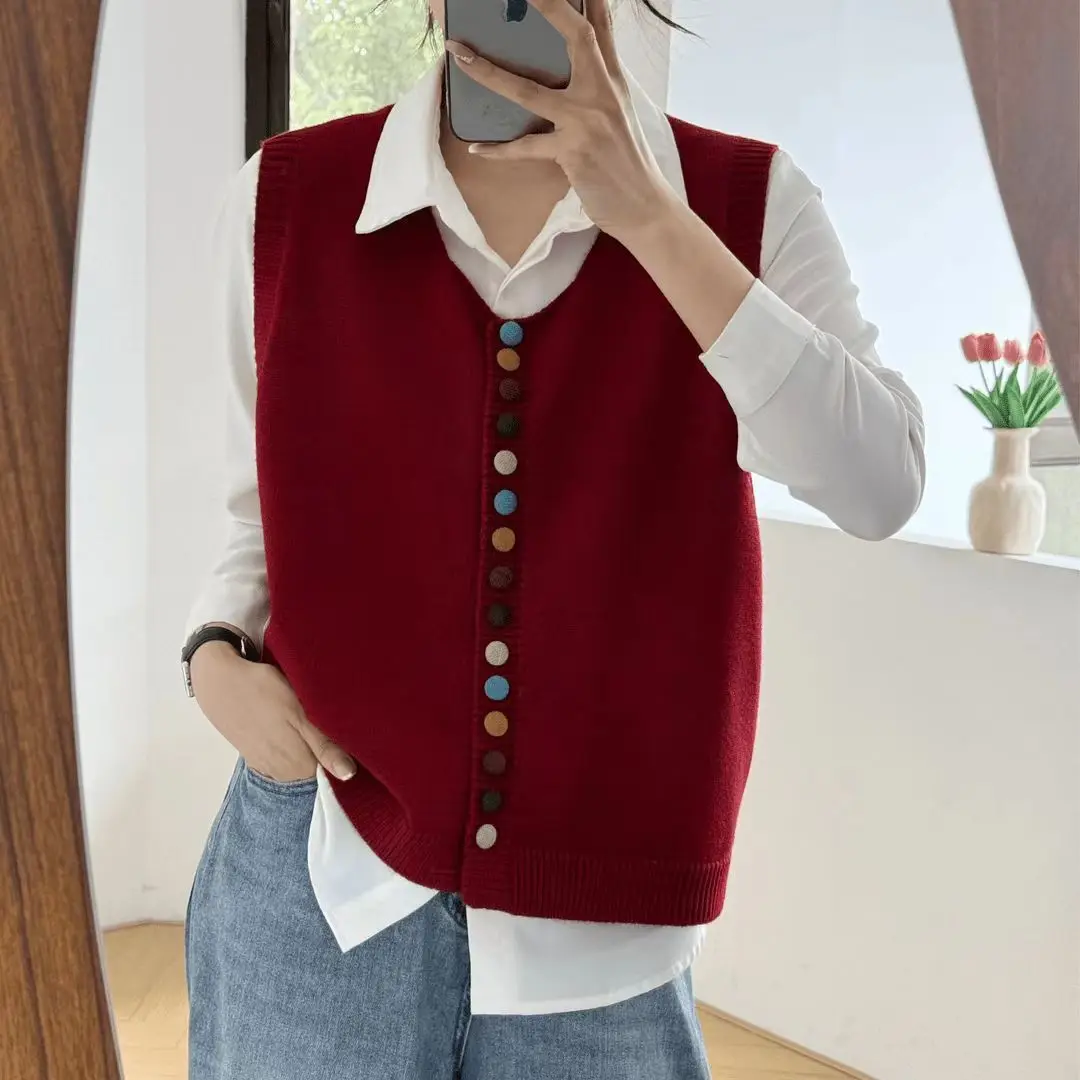 Fashion Colorful Button Knit Sweater Vest Women Spring Autumn New Casual Layering Sweater Woman Retro Gray Sleeveless Vest Top - Image 12