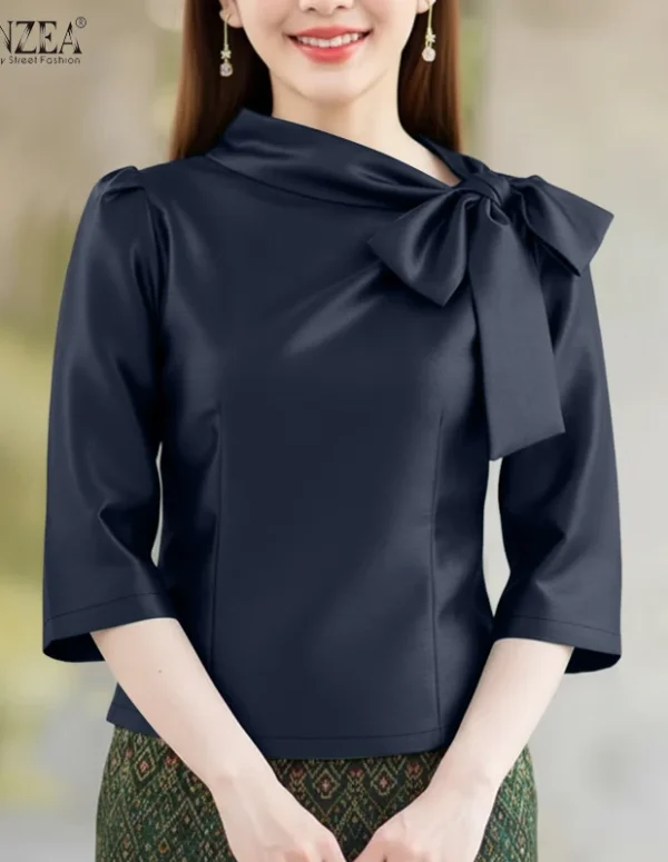 ZANZEA Elegant Solid Satin Work Blouses Office Women Blouse  Spring Woman Tops Slim Fit Tunic Stylish Bows Neck 3/4 Sleeve Shirt