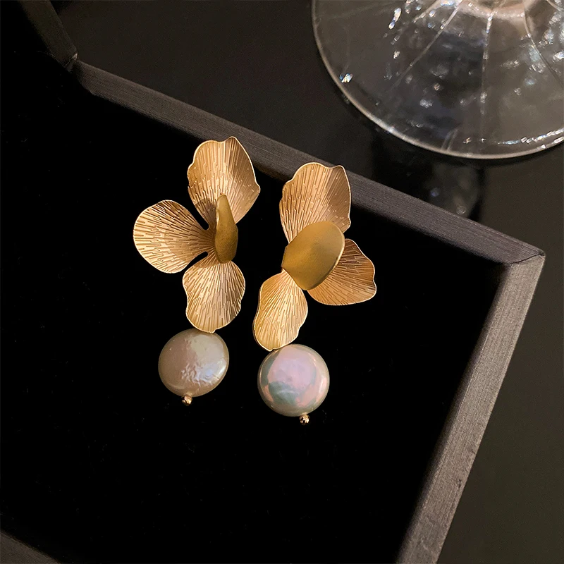 Elegant Natural Imitation Pearls Earrings For Women Vintage Golden Petals Flower Drop Earring Jewelry For Party Wedding - Image 11