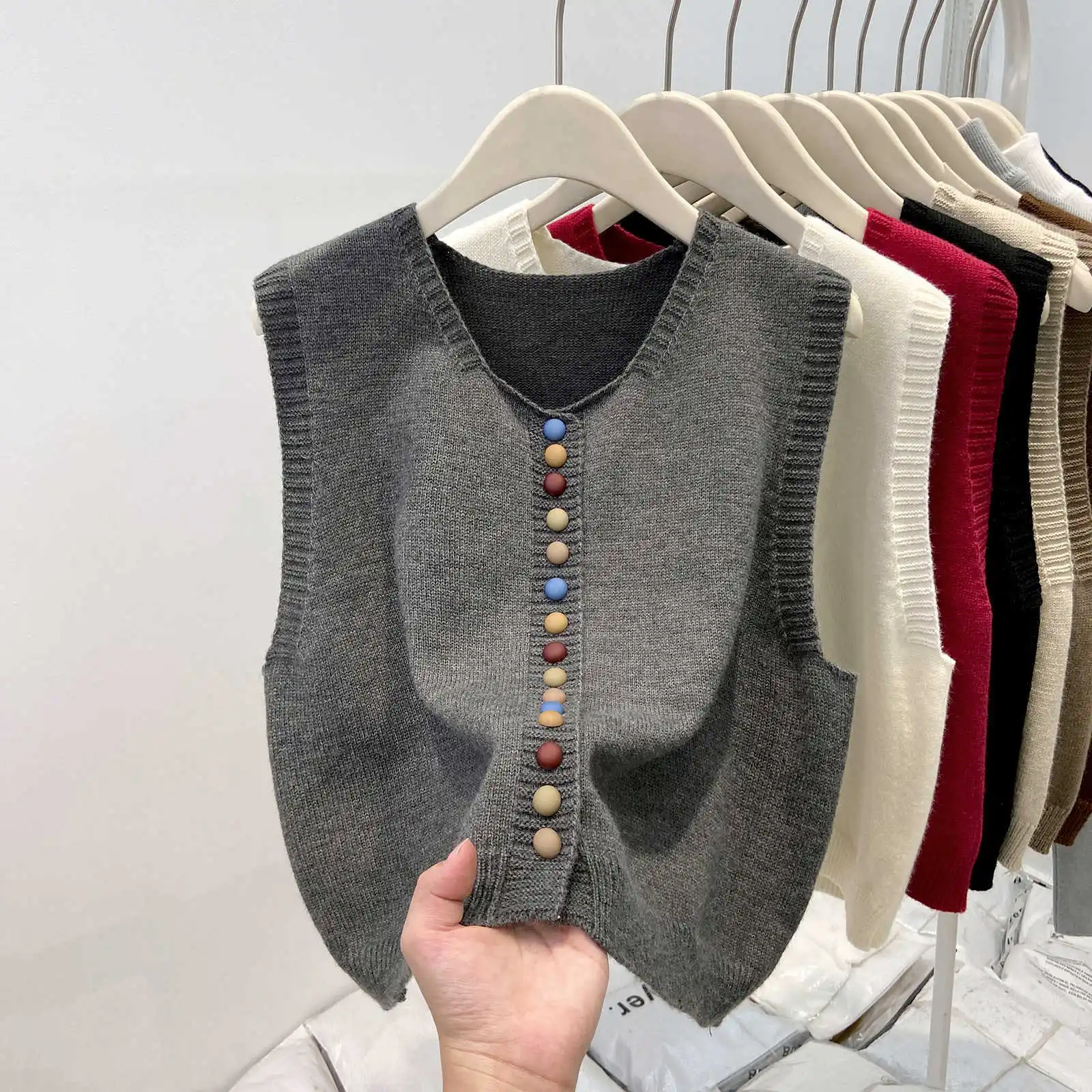 Fashion Colorful Button Knit Sweater Vest Women Spring Autumn New Casual Layering Sweater Woman Retro Gray Sleeveless Vest Top - Image 17