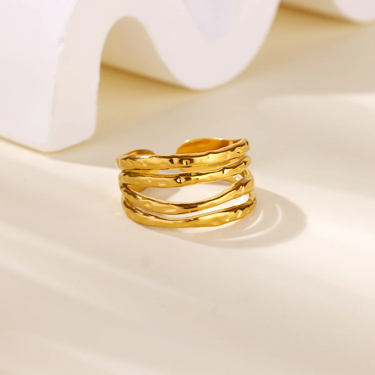 Stainless Steel Layered Rings for Women Open Adjustable Gold Color Geometric Textured Ring Aesthetic Wedding Waterproof Jewelry - Image 8