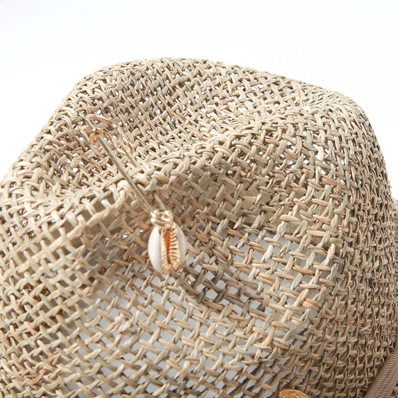 Panama Straw Sun Hat Wide Brim UPF50+ Foldable, Navy & Beige Contrast Beach Hat Adjustable Chin Strap Women Summer - Image 4