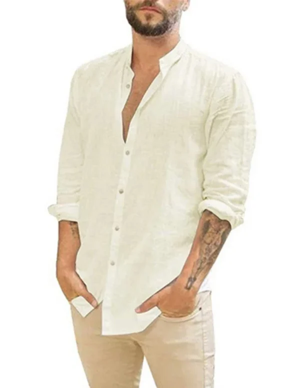 Cotton Linen Hot Sale Men's Long-Sleeved Shirts Summer Solid Color  Stand-Up Collar Casual Beach Style Plus Size