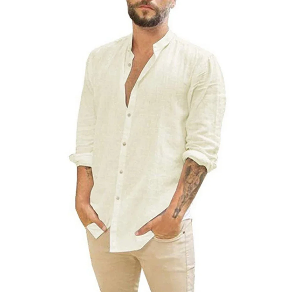 Cotton Linen Hot Sale Men's Long-Sleeved Shirts Summer Solid Color Stand-Up Collar Casual Beach Style Plus Size
