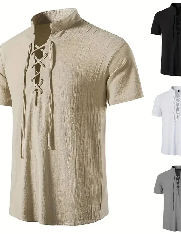 Men's Retro Shirt Short Sleeve Cotton Linen Lightweight Breathable Solid Color Fashion Tops Pirate V-neck Male Stylish Shirs