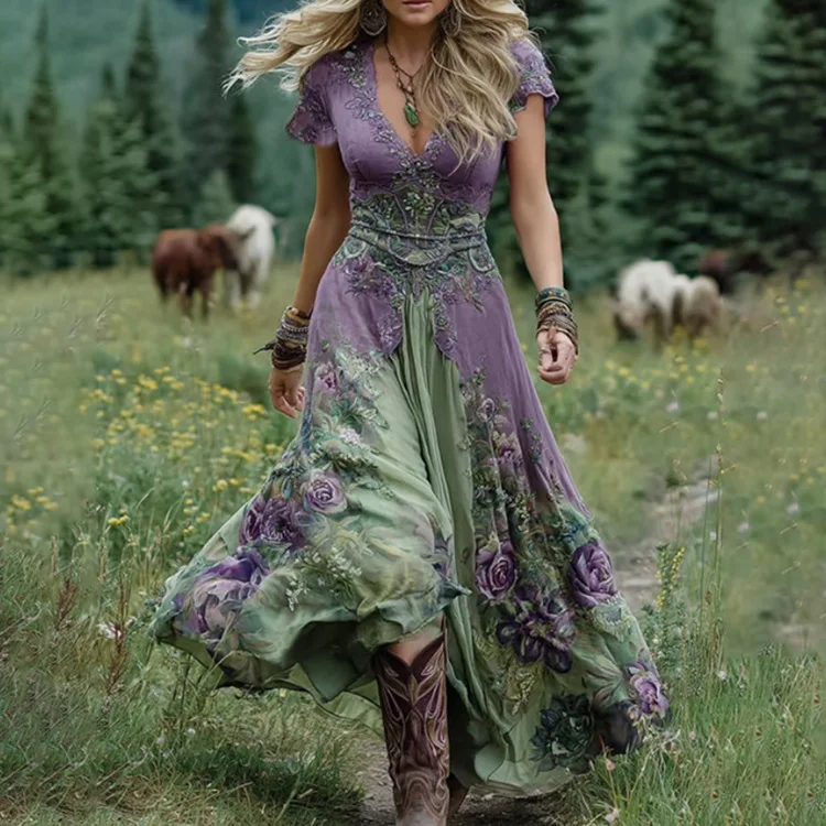 Sexy Retro Ethnic V Neck Long Dress Woman Elegant Boho Print A-Line Spliced Maxi Dress Summer Short Sleeve Holiday Evening Dress - Image 16