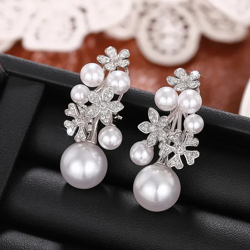 Huitan Trendy Simulated Pearl Women Drop Earrings Inlaid Sparkling CZ Flower Design Charming Party Daily Accessories Jewelry - Image 2