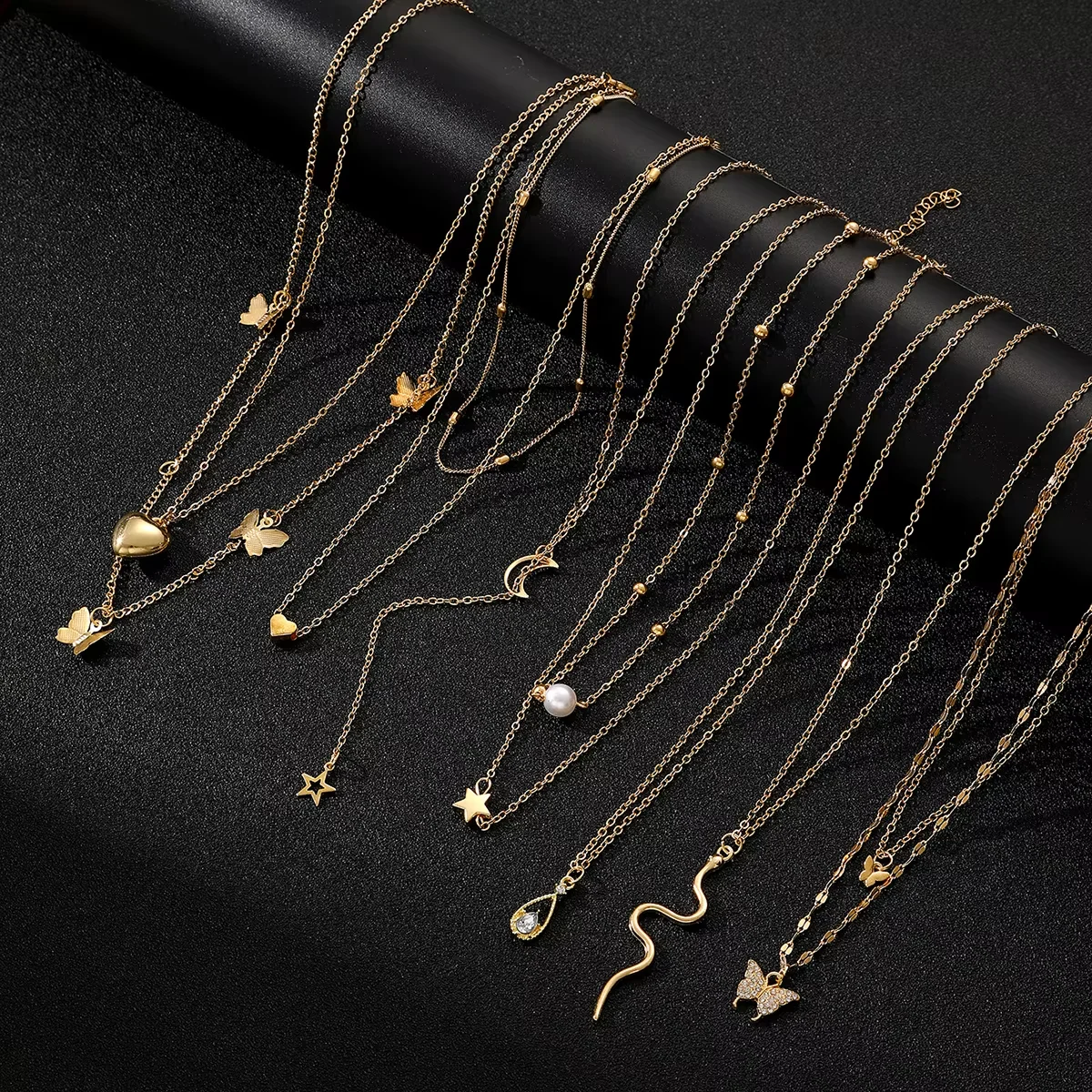 9 Pcs Multi-layered Gold Color Necklace Set for Women Fashion Zircon Pearl Heart Butterfly Star Moon Snake Pendant Necklaces Set - Image 2