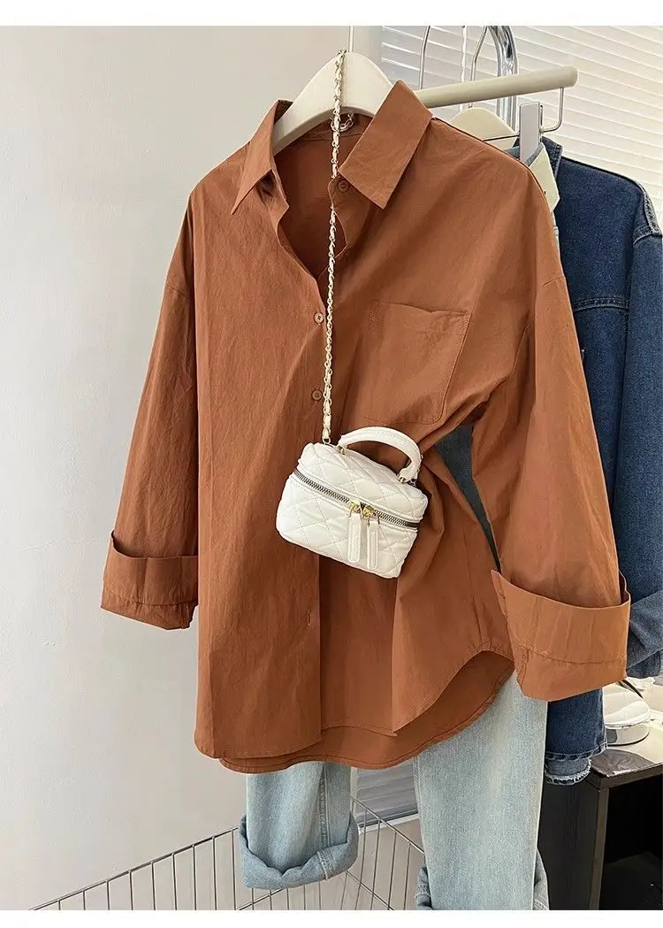 Solid Color Long Sleeve Women's Shirt with Pocket Loose Button Up Casual Blouse Woman 2026 New Spring Summer All-Match Shirt Top - Image 24