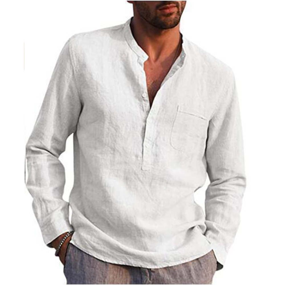 Cotton Linen Hot Sale Men's Long-Sleeved Shirts Summer Solid Color Stand-Up Collar Casual Beach Style Plus Size - Image 22