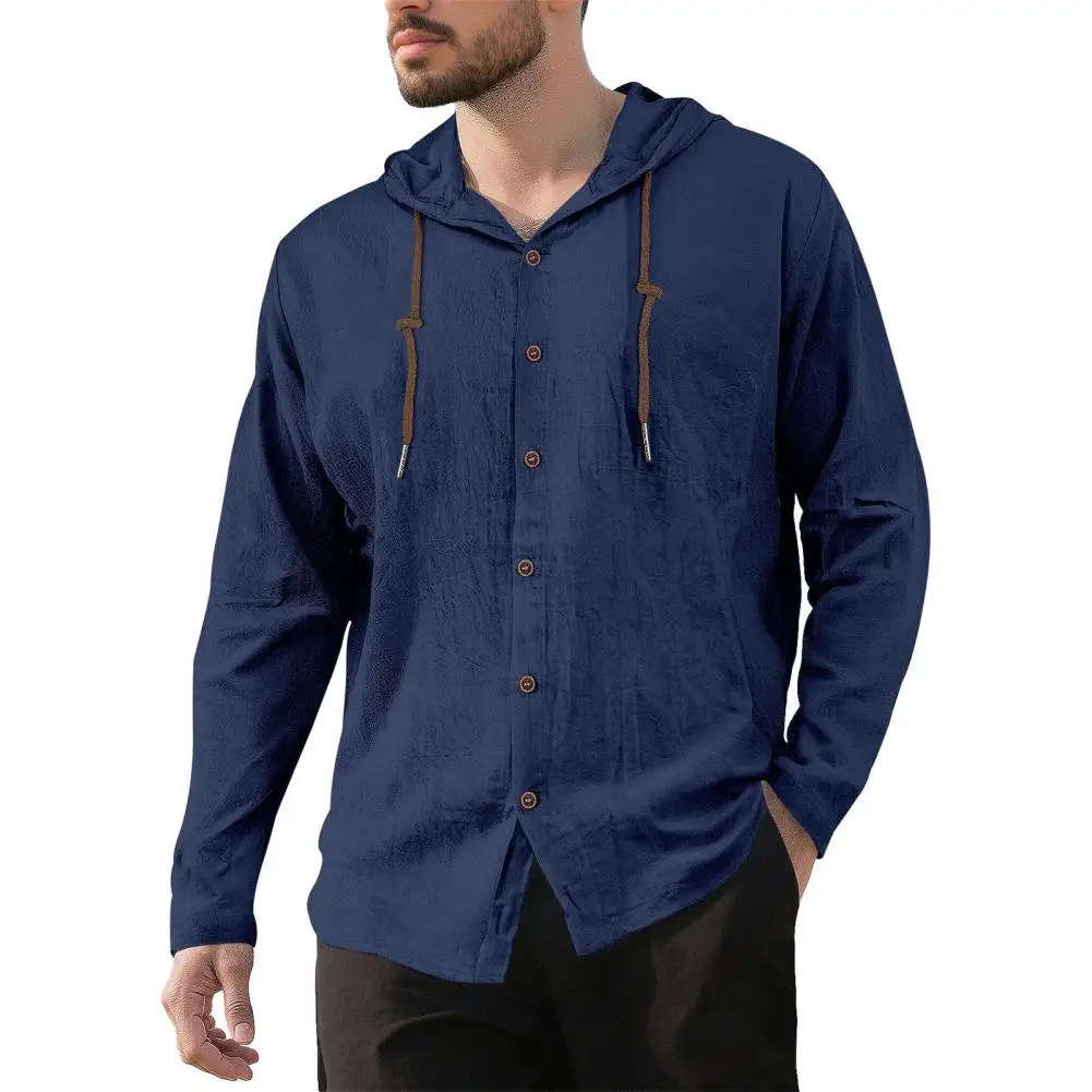 Men's Fashion Casual Shirt, Hooded Drawstring Cotton And Linen Cardigan, Trendy And Versatile Loose Beach T-shirt - Image 4