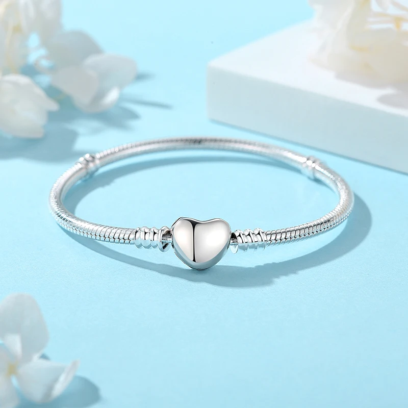 Original 925 Sterling Silver Bracelets Bangles Love Heart Clip Charms Beads Snake Chains For Women Rose Gold DIY Luxury Jewelry - Image 5