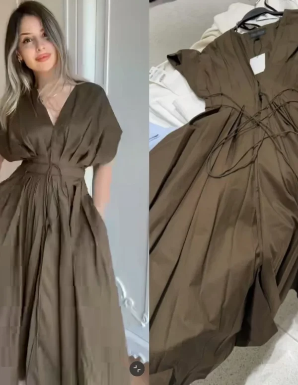 ETJ Summer 2025  women's elegant party dress Vintage V-neck fashion pleated lace-up MIDI poplin dress