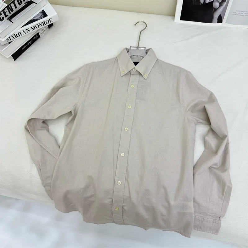 Long sleeved shirt for men and women Linen material unisex old money style solid color embroidered designer long shirt - Image 6