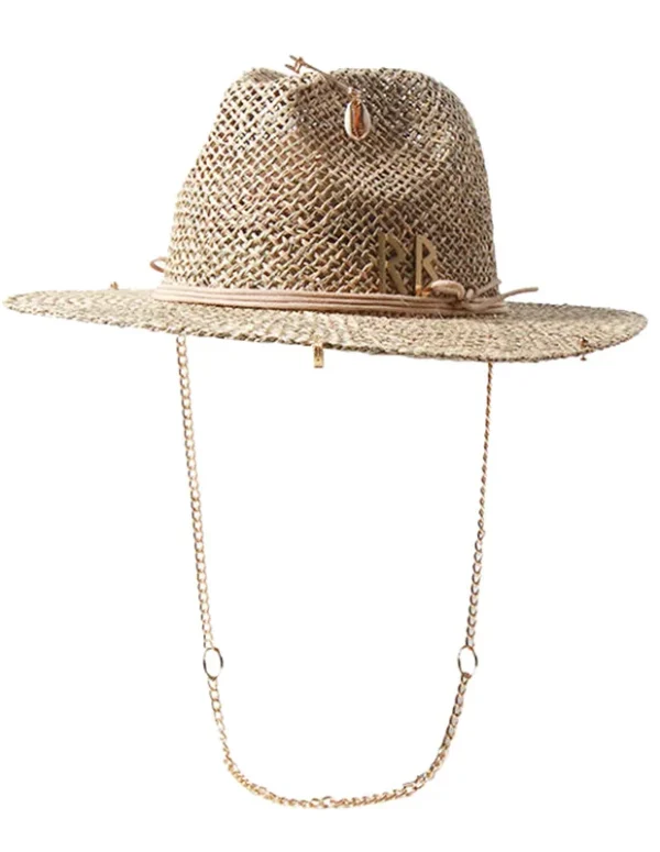 Panama Straw Sun Hat Wide Brim UPF50+ Foldable, Navy & Beige Contrast Beach Hat Adjustable Chin Strap Women Summer