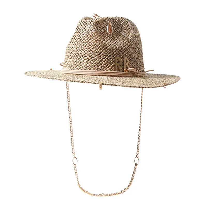 Panama Straw Sun Hat Wide Brim UPF50+ Foldable, Navy & Beige Contrast Beach Hat Adjustable Chin Strap Women Summer