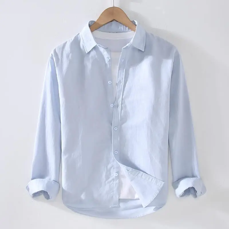 Linear Long-sleeved Men's Japanese Casual Loose Cotton Linen Shirt Spring and Summer Outfit Inch Shirt - Image 8