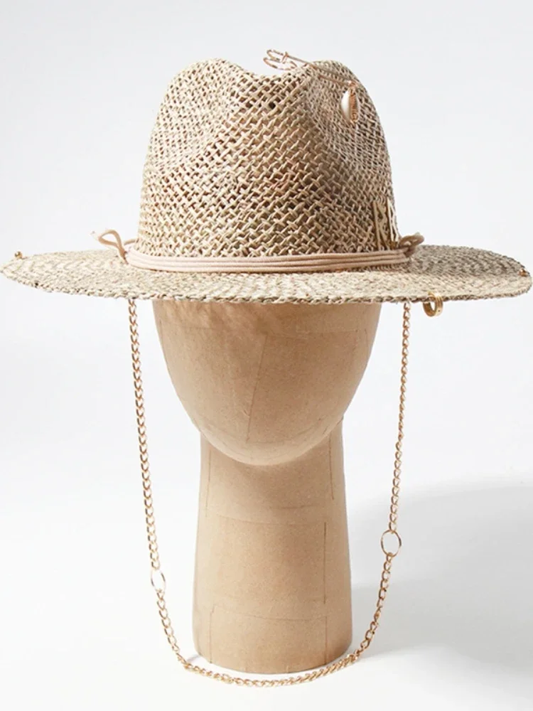 Panama Straw Sun Hat Wide Brim UPF50+ Foldable, Navy & Beige Contrast Beach Hat Adjustable Chin Strap Women Summer - Image 3
