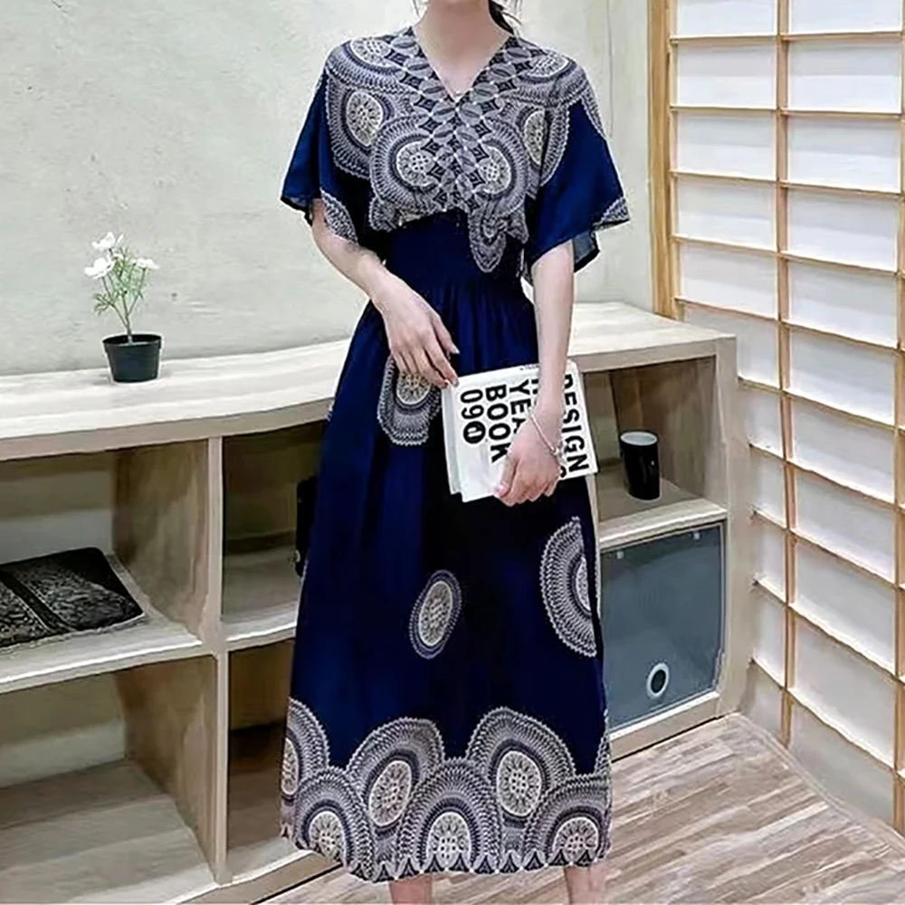 Casual Elegant Retro Bohemian National Style V-neck Elastic Waist Large Swing Printed Summer Long Skirt Woman Dress Clothes - Image 54