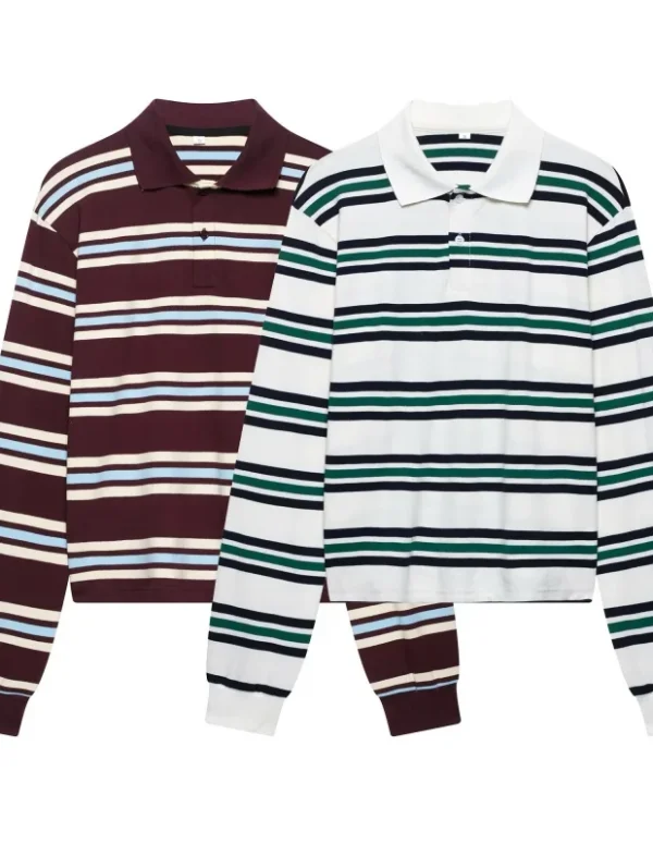 Women Vintage Striped Blouse with POLO Collar Long Sleeves Preppy Style Retro Casual Female Pullover High Street Blouse