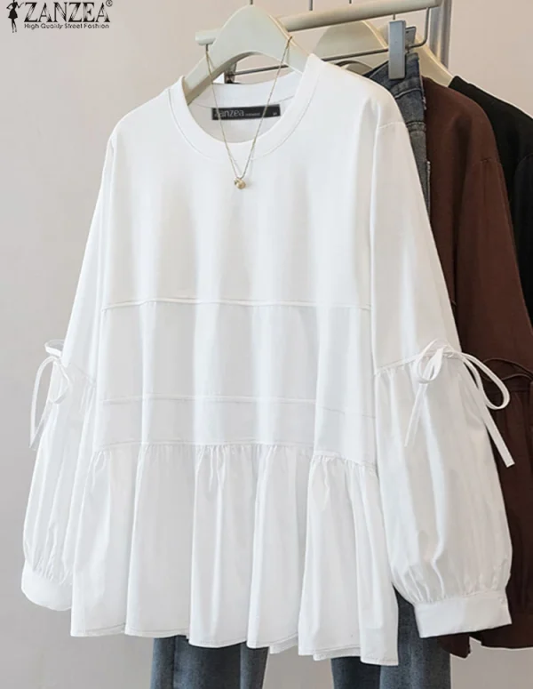 2026 ZANZEA Spring Elegant Long Sleeve Tops Women Blouse Trend 2025 Casual Solid Loose Shirt Female Chemise Lace-Up Blusas Tunic